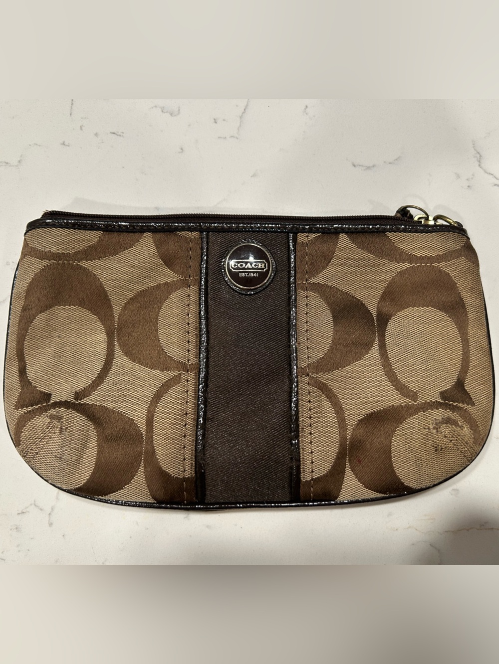 Coach Vintage Y2K Brown Signature Canvas Wristlet Pouch Brown Tan Trim
